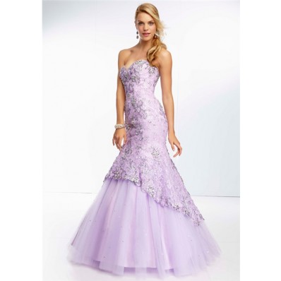 ... Mermaid Sweetheart Long Lavender Purple Tulle Lace Beaded Prom Dress