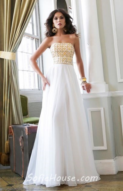 ... Princess Strapless Long White Chiffon Gold Beaded Evening Prom Dress