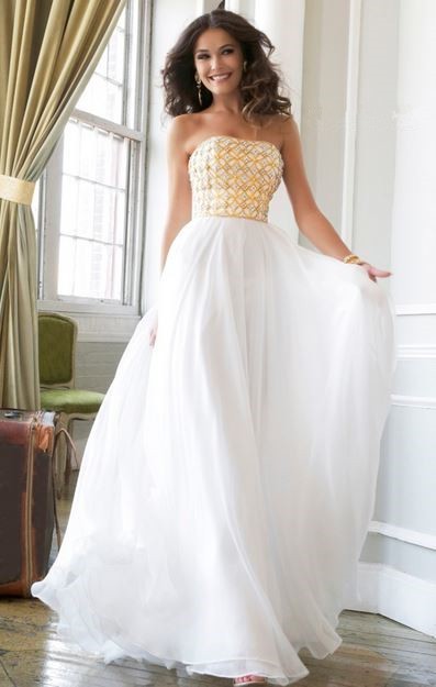 ... Princess Strapless Long White Chiffon Gold Beaded Evening Prom Dress