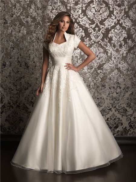 ... line square chapel train modest wedding dress with short sleeves