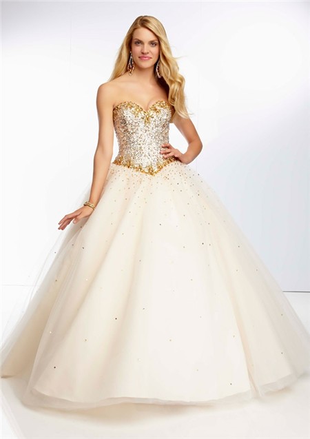 ... Gown Sweetheart Champagne Tulle Gold Beaded Prom Dress Corset Back