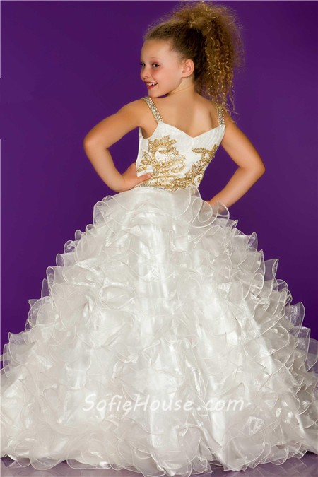 ... White Organza Ruffle Gold Beaded Little Flower Girl Party Prom Dress