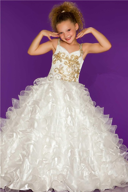 ... White Organza Ruffle Gold Beaded Little Flower Girl Party Prom Dress