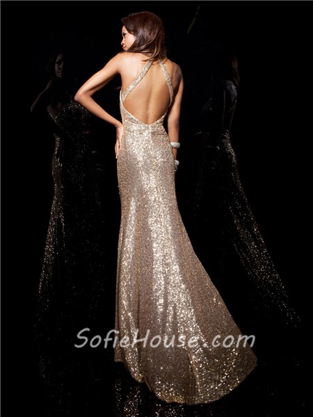 ... Sheath Halter Long Champagne Gold Sequined Prom Dress Open Back Straps