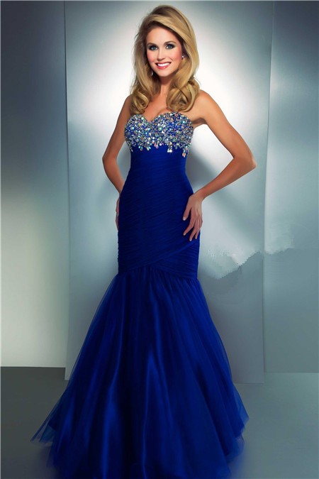 ... Sweetheart Long Royal Blue Tulle Beaded Prom Dress With Ruching