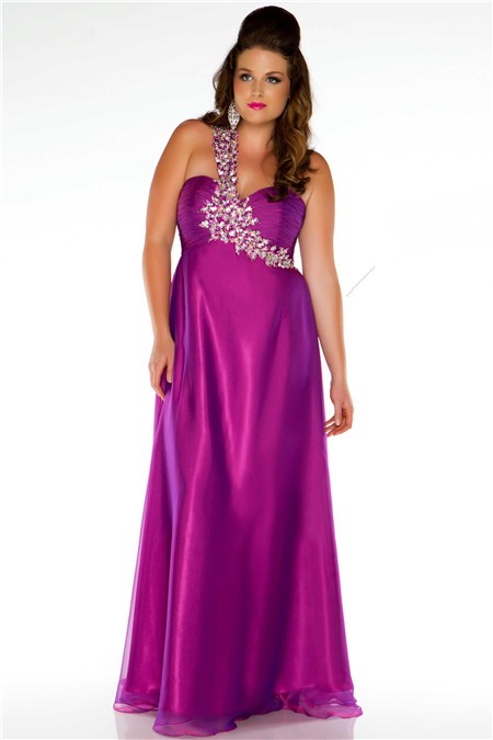 ... One Shoulder Long Purple Chiffon Beaded Plus Size Party Prom Dress