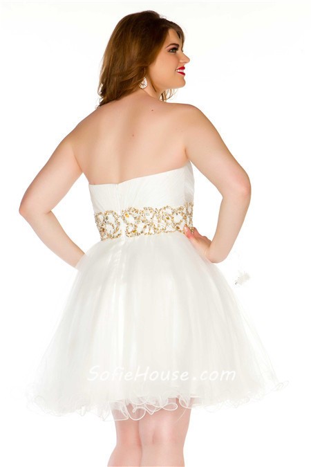 ... Strapless Short White Tulle Gold Beading Plus Size Cocktail Prom Dress