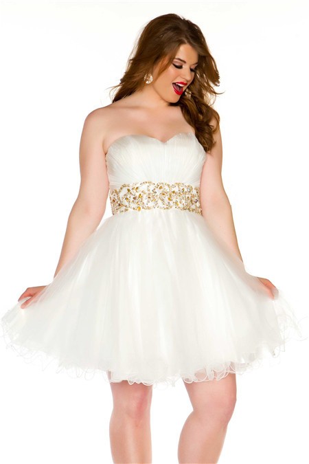 ... Strapless Short White Tulle Gold Beading Plus Size Cocktail Prom Dress