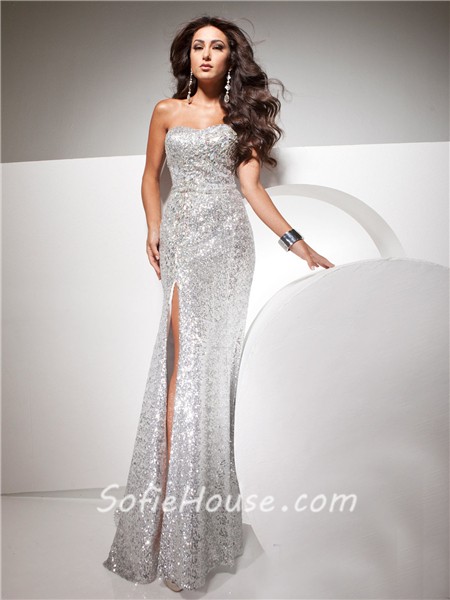 ... Strapless Long Silver Sequins Glitter Evening Prom Dress With Beading