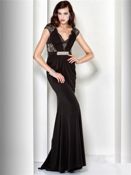 Black lace long evening dress